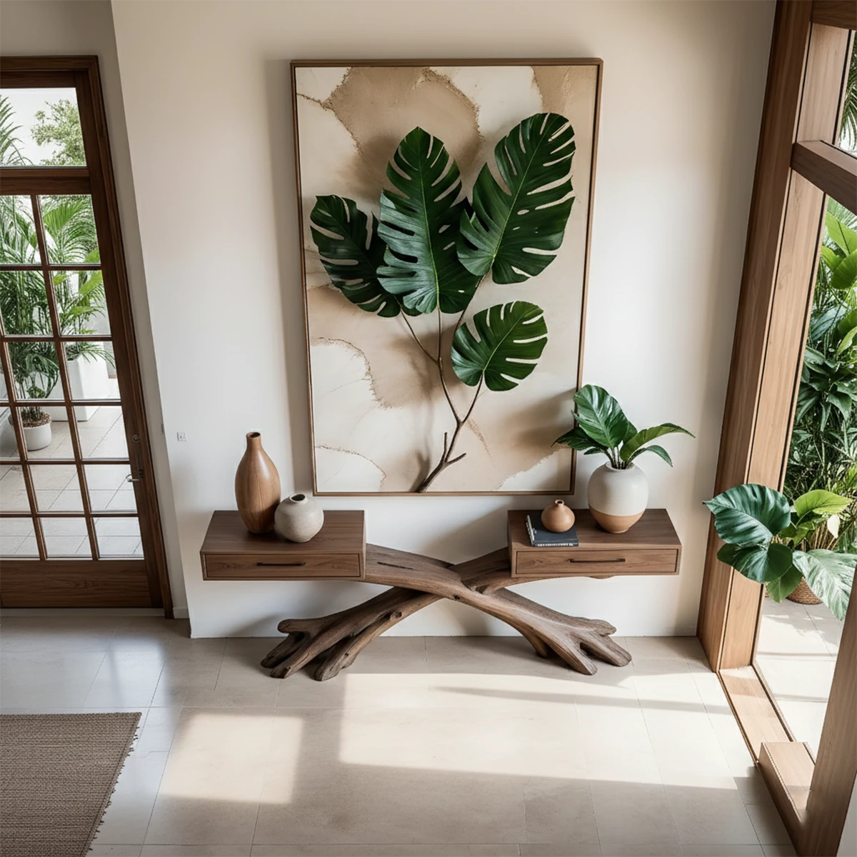 Refined interior showcasing a handcrafted console table with flowing wood structure and balance