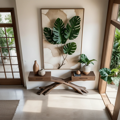 Refined interior showcasing a handcrafted console table with flowing wood structure and balance