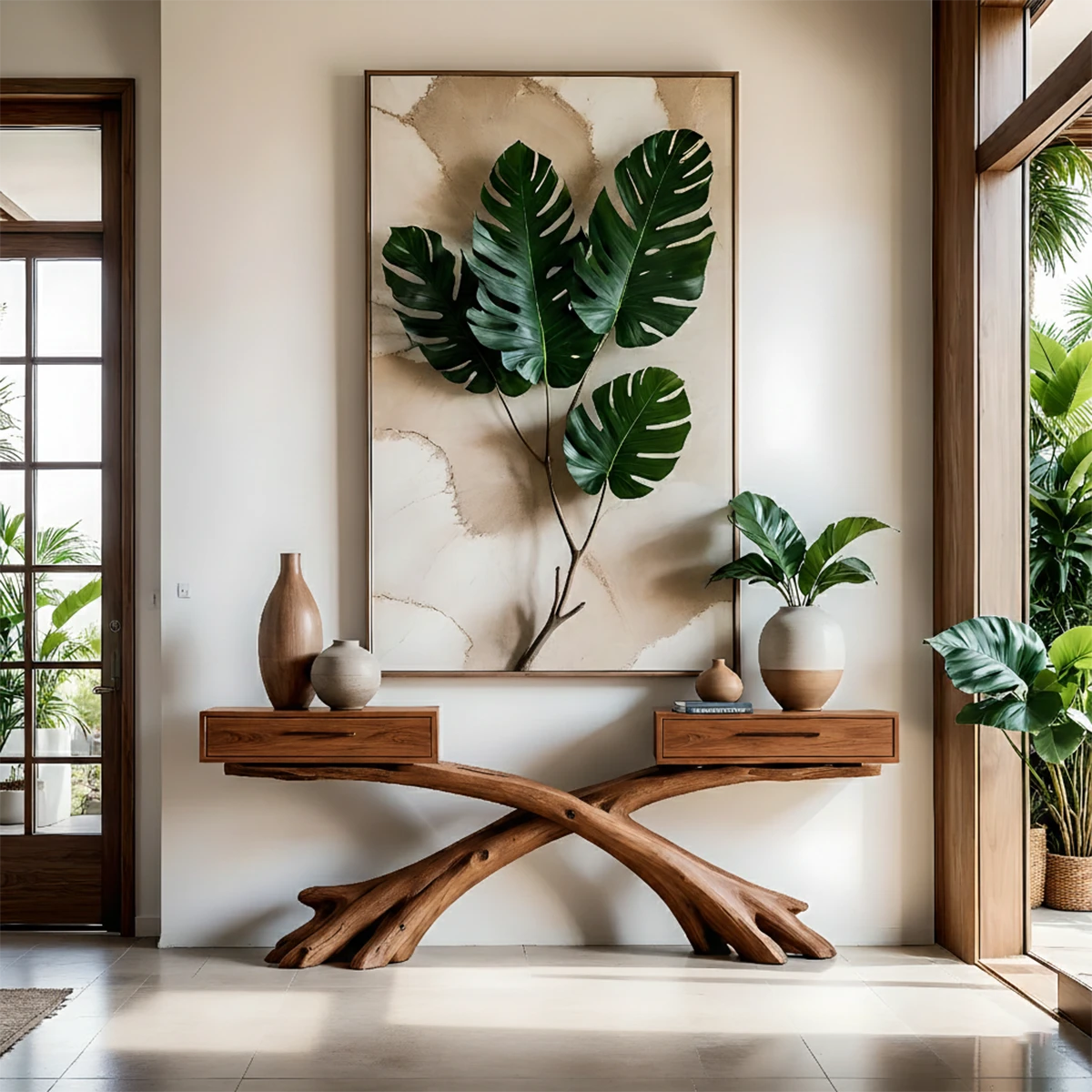 A modern console table with organic base complements this warm and nature inspired décor