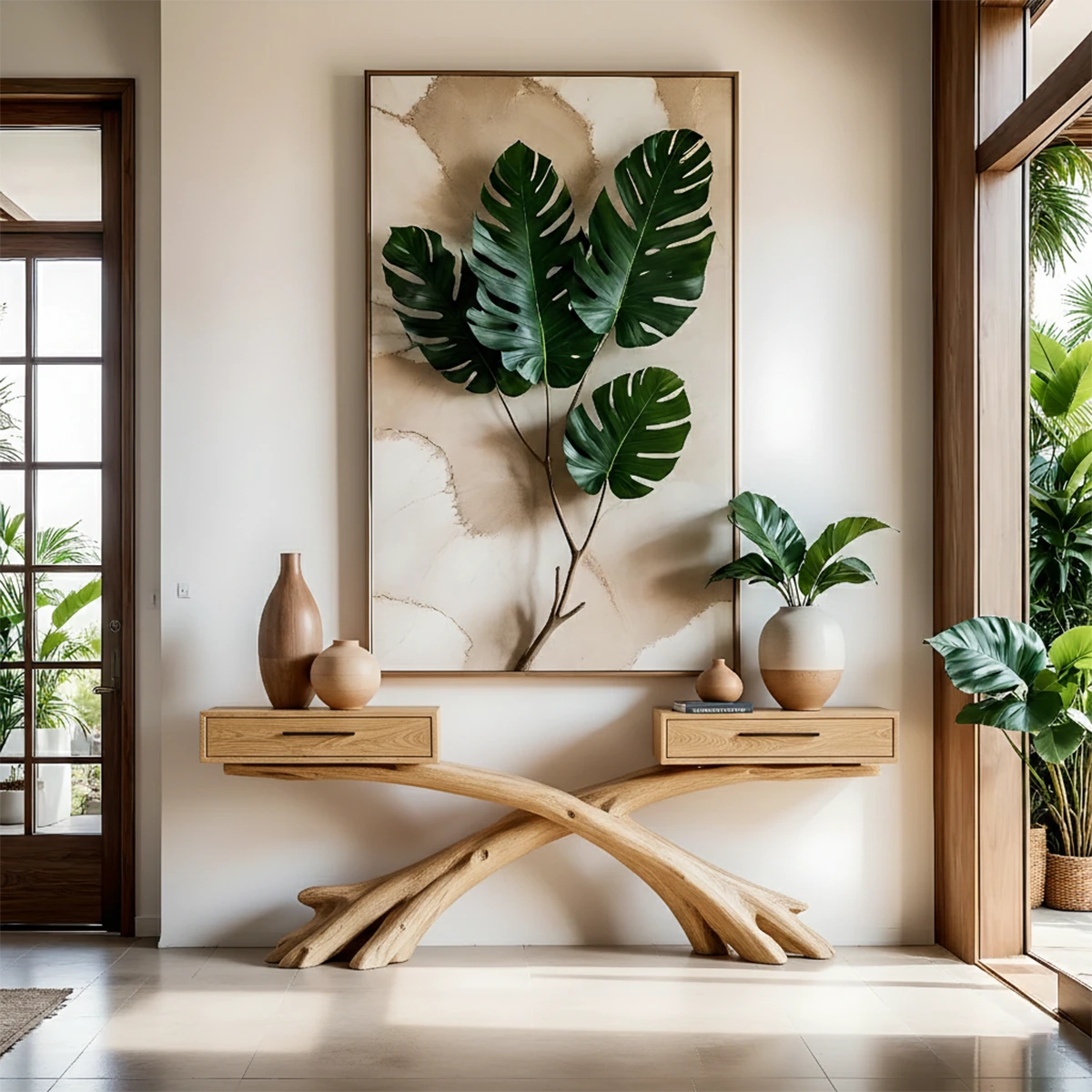 Branch base console table in solid wood styled beneath wall art in a contemporary space