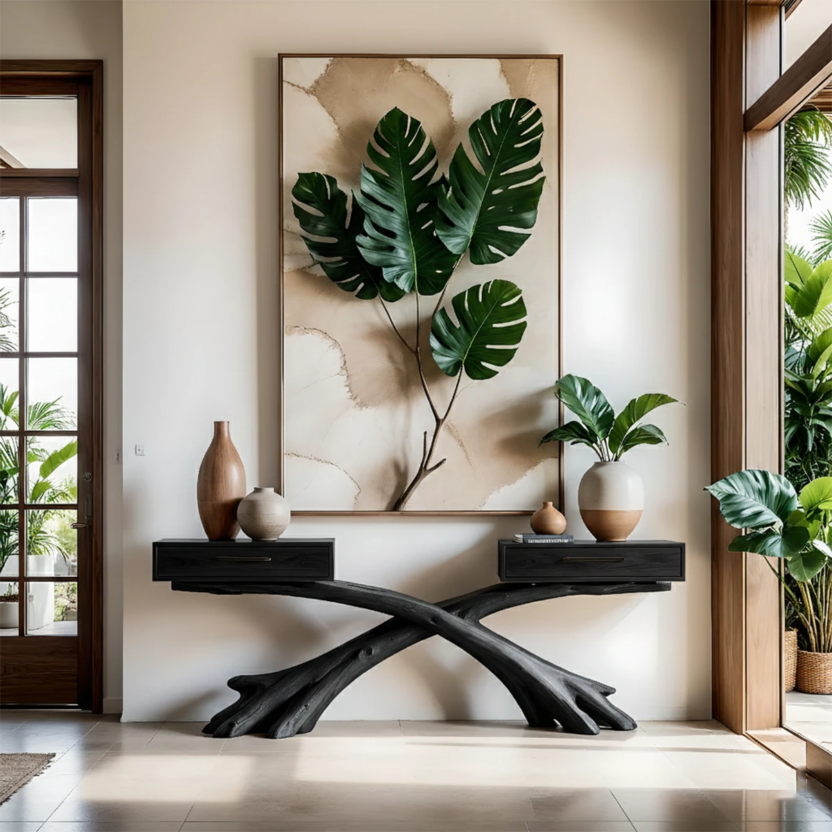 This entry space highlights a console table with natural wood structure and modern design
