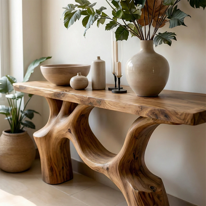 Modern brown wooden console table with organic frame