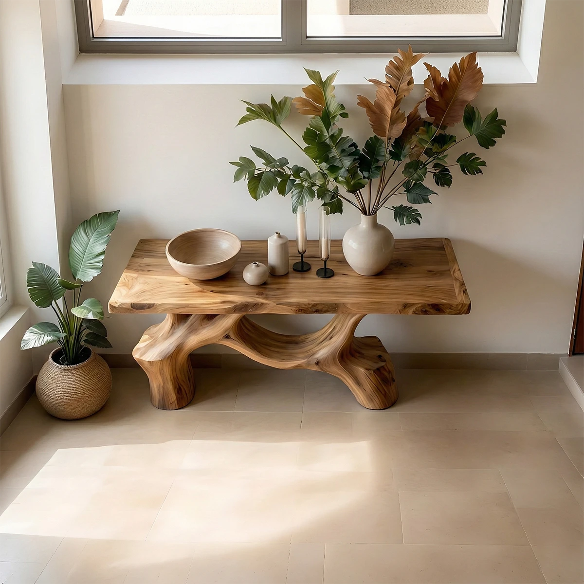 Minimalist brown wood console table with sculpted legs