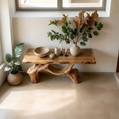 Minimalist brown wood console table with sculpted legs