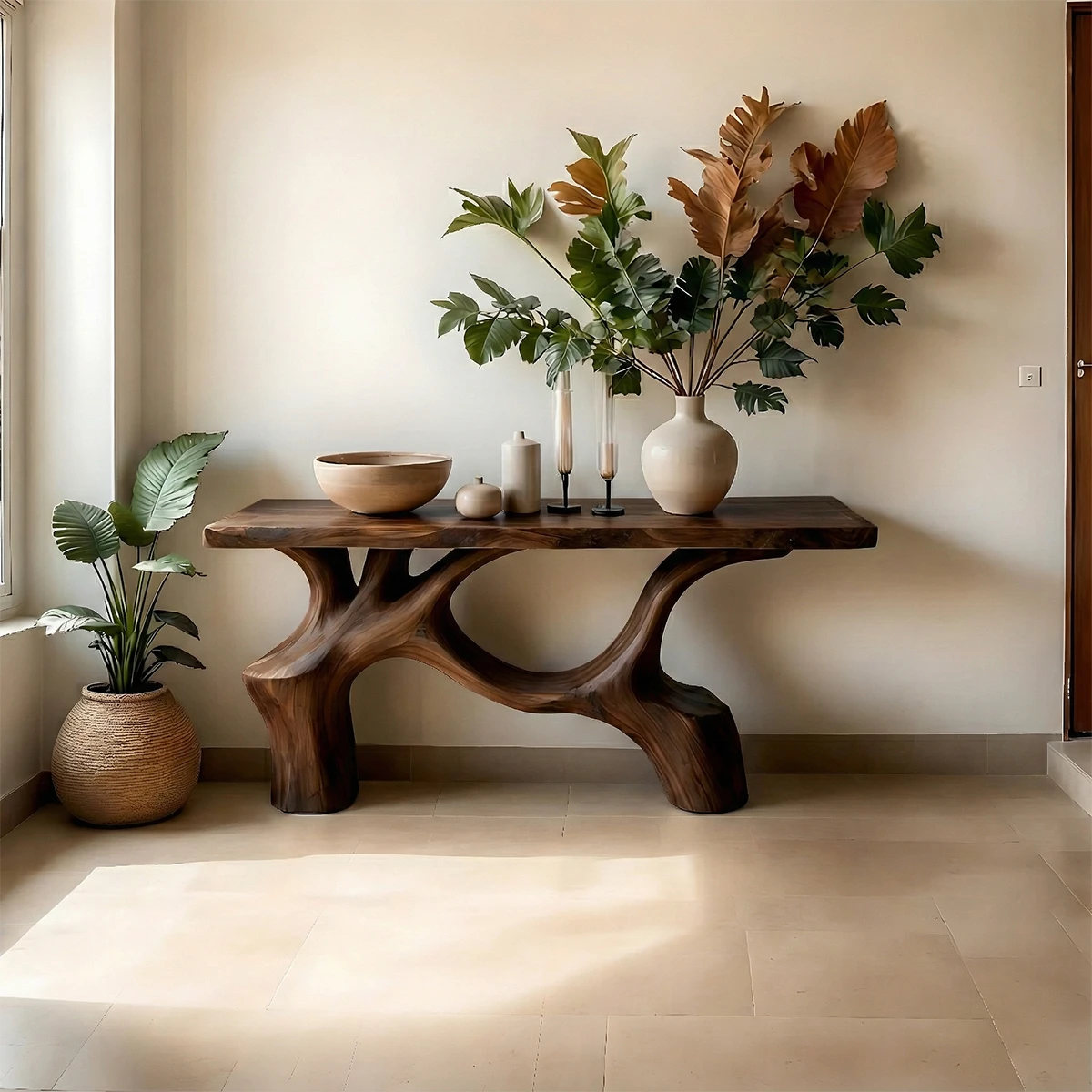 Elegant walnut wooden console table with natural form