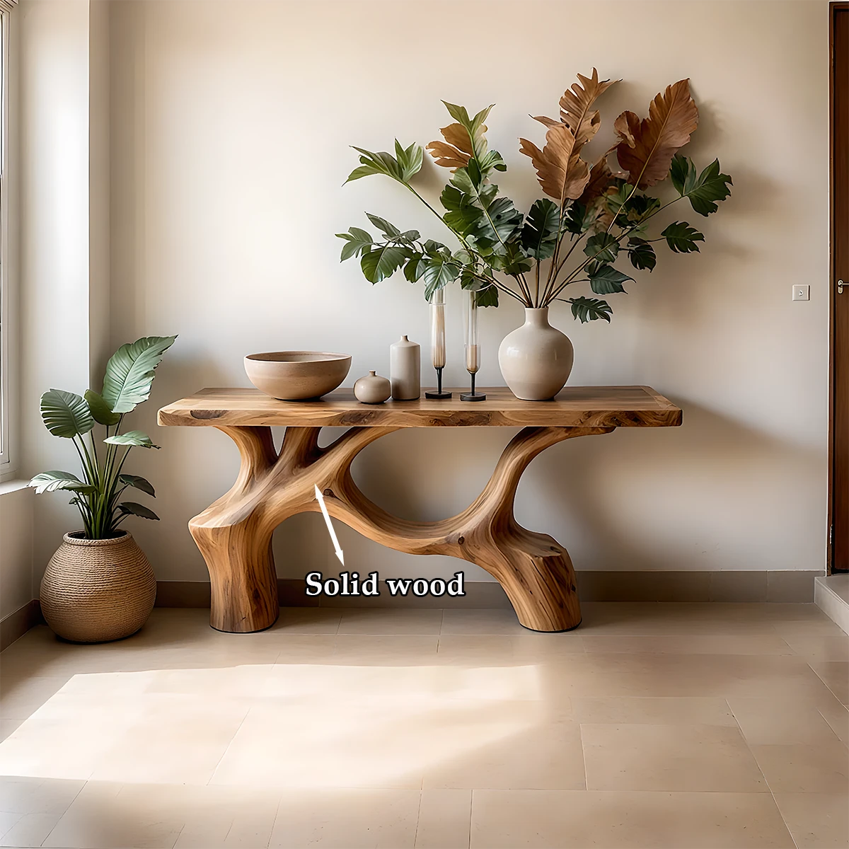 Luxury brown wooden console table with organic base