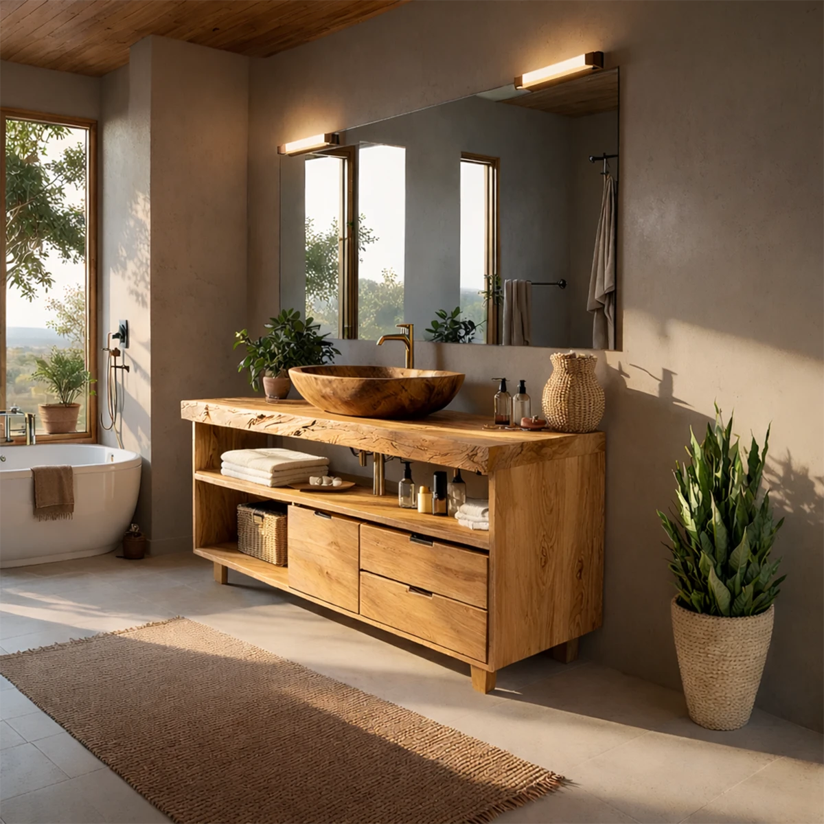 Contemporary teak bathroom vanity with warm wood finish