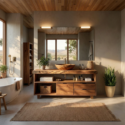Natural teak bathroom vanity with handcrafted wooden vessel sink