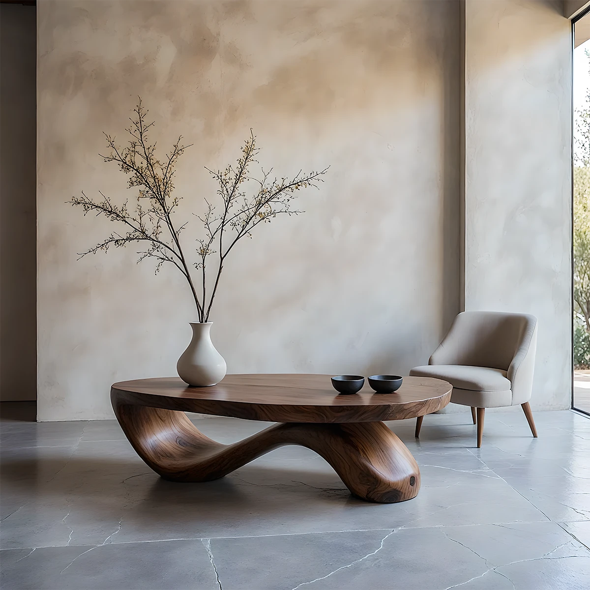 Walnut coffee table with sculptural curved base and smooth organic form in a minimal modern living space