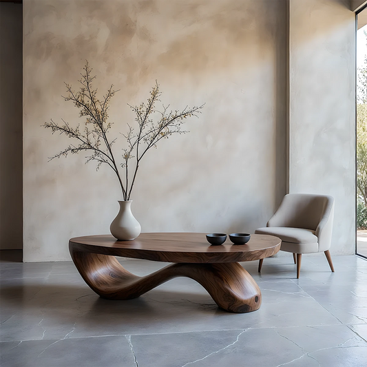 Walnut coffee table with sculptural curved base and smooth organic form in a minimal modern living space