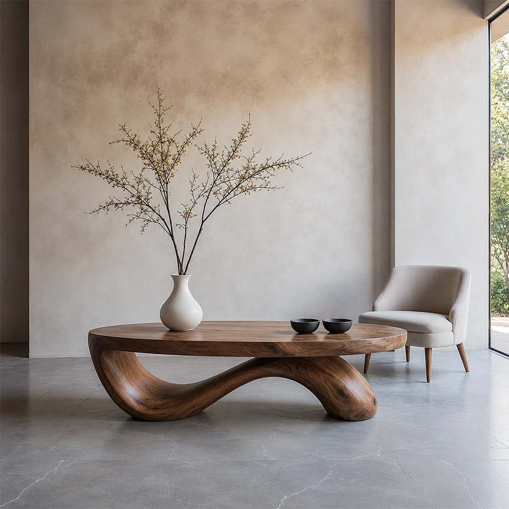 Modern living room with a wooden coffee table, vase with branches, and chair.