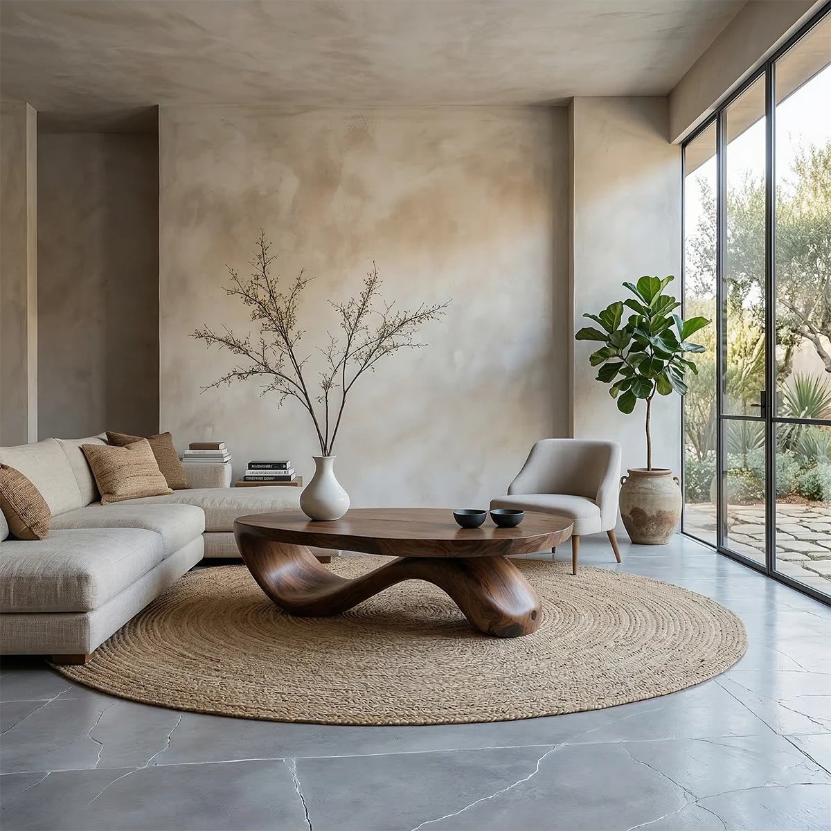 Walnut coffee table featuring a flowing sculptural base and thick rounded top in a soft neutral interior