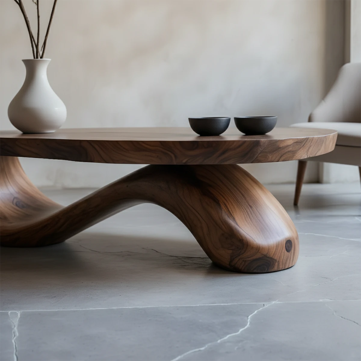 Modern walnut coffee table with organic curved base design and seamless wood grain in a calm living room