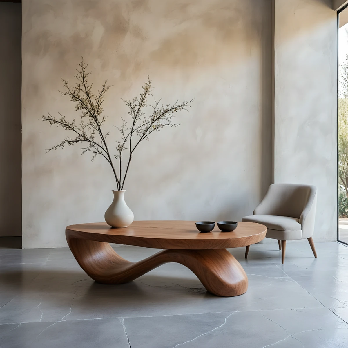 Contemporary brown coffee table with curved base structure and thick top surface in a bright modern room