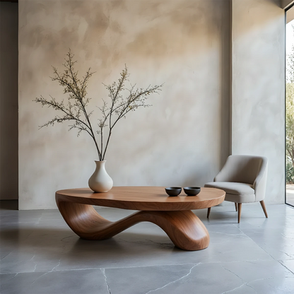 Contemporary brown coffee table with curved base structure and thick top surface in a bright modern room