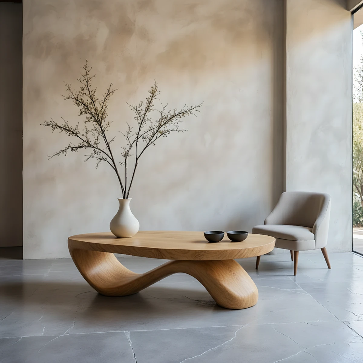 Oak coffee table with smooth sculptural legs and organic silhouette in a warm neutral styled interior