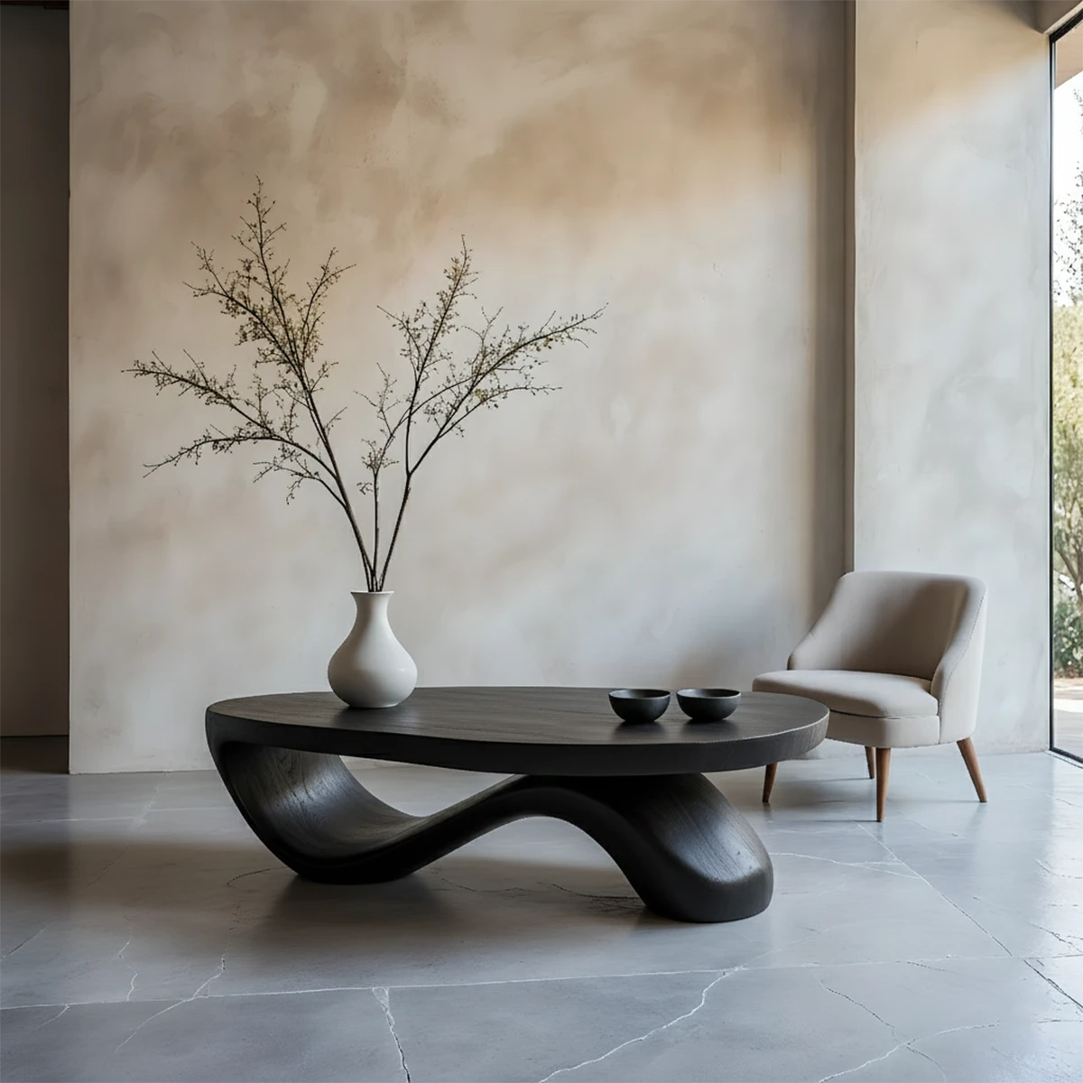 Minimal black coffee table with fluid curved base and solid top design in a clean modern living space