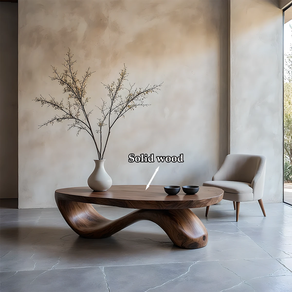 Walnut coffee table featuring natural wood grain and sculptural base in a soft toned contemporary room