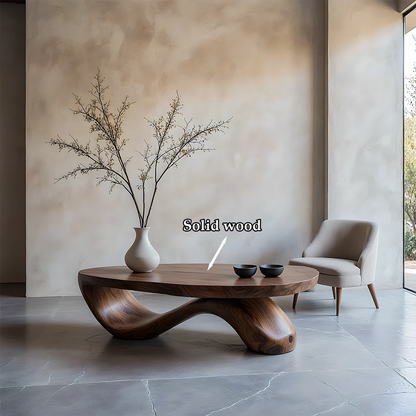 Walnut coffee table featuring natural wood grain and sculptural base in a soft toned contemporary room