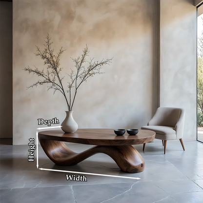 Organic walnut coffee table with curved base and seamless surface in a modern minimalist environment