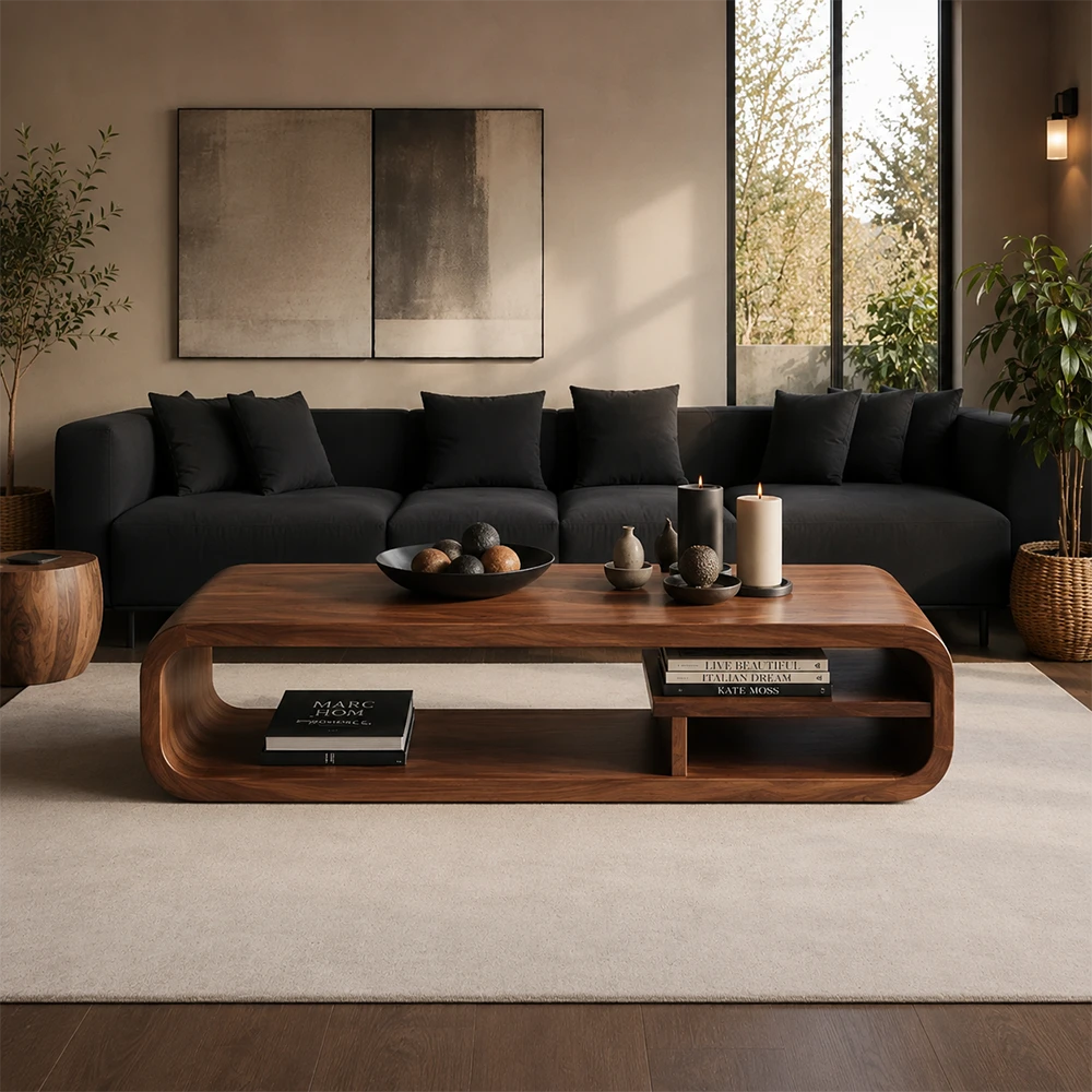 Modern living room with a dark gray sofa and wooden coffee table.