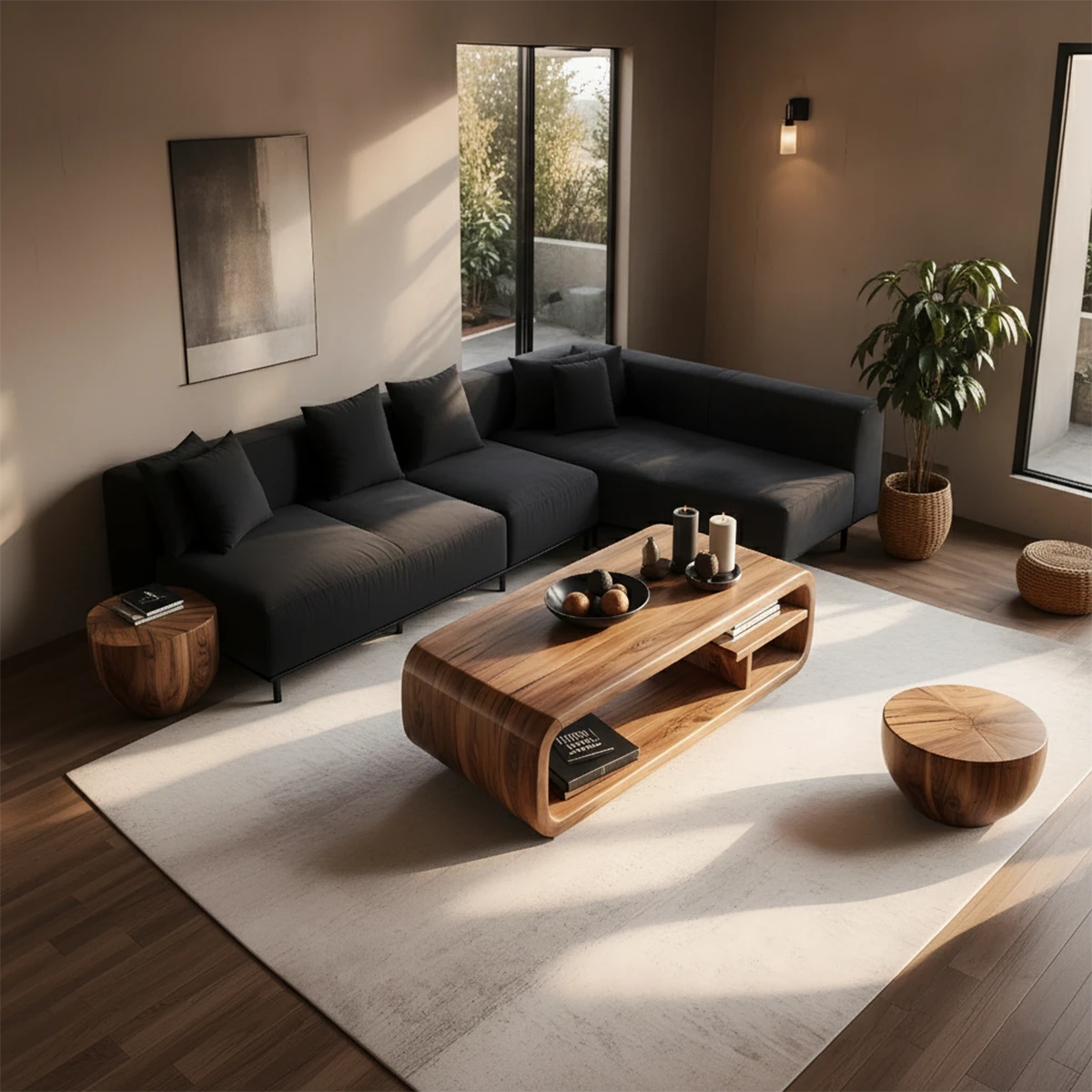 Walnut color coffee table with curved base structure and seamless top in a soft neutral home interior