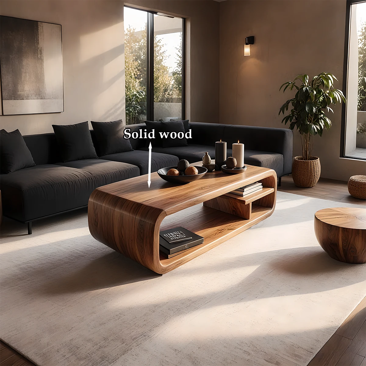 Walnut finish coffee table with organic silhouette and sculptural base in a clean contemporary environment