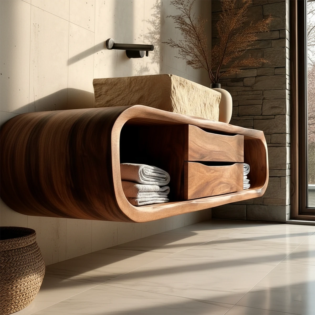 Luxury walnut floating bathroom vanity with rounded edges