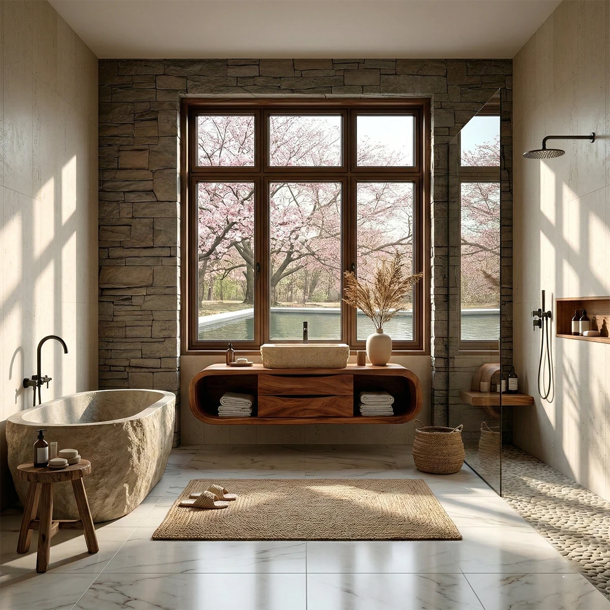 Curved walnut floating bathroom vanity with open shelf