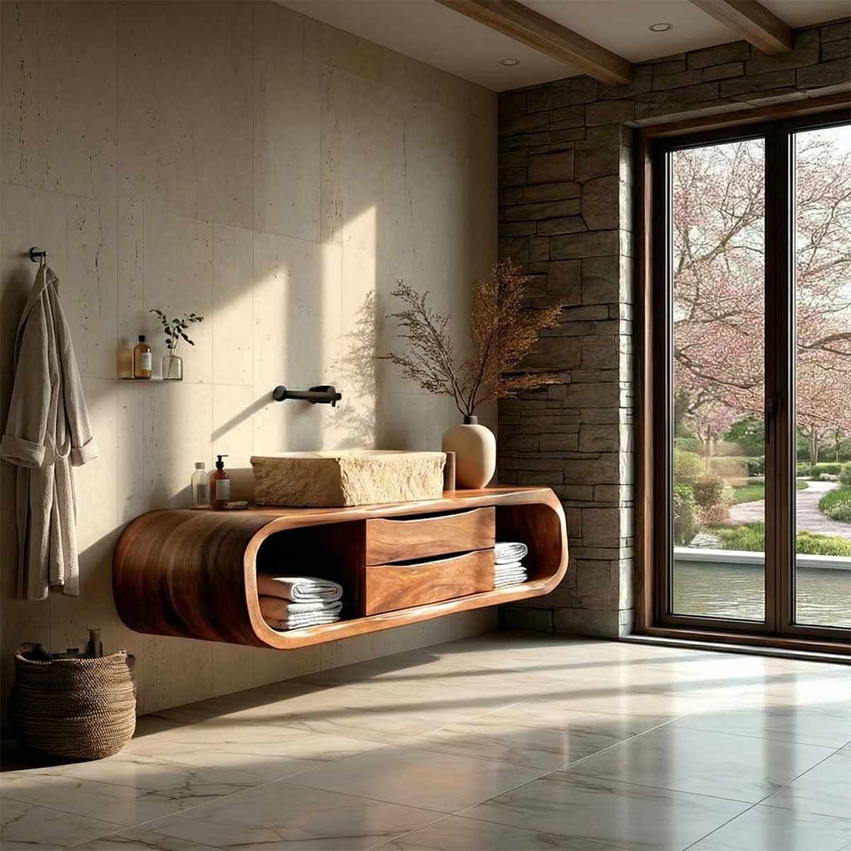 Walnut floating bathroom vanity with curved design