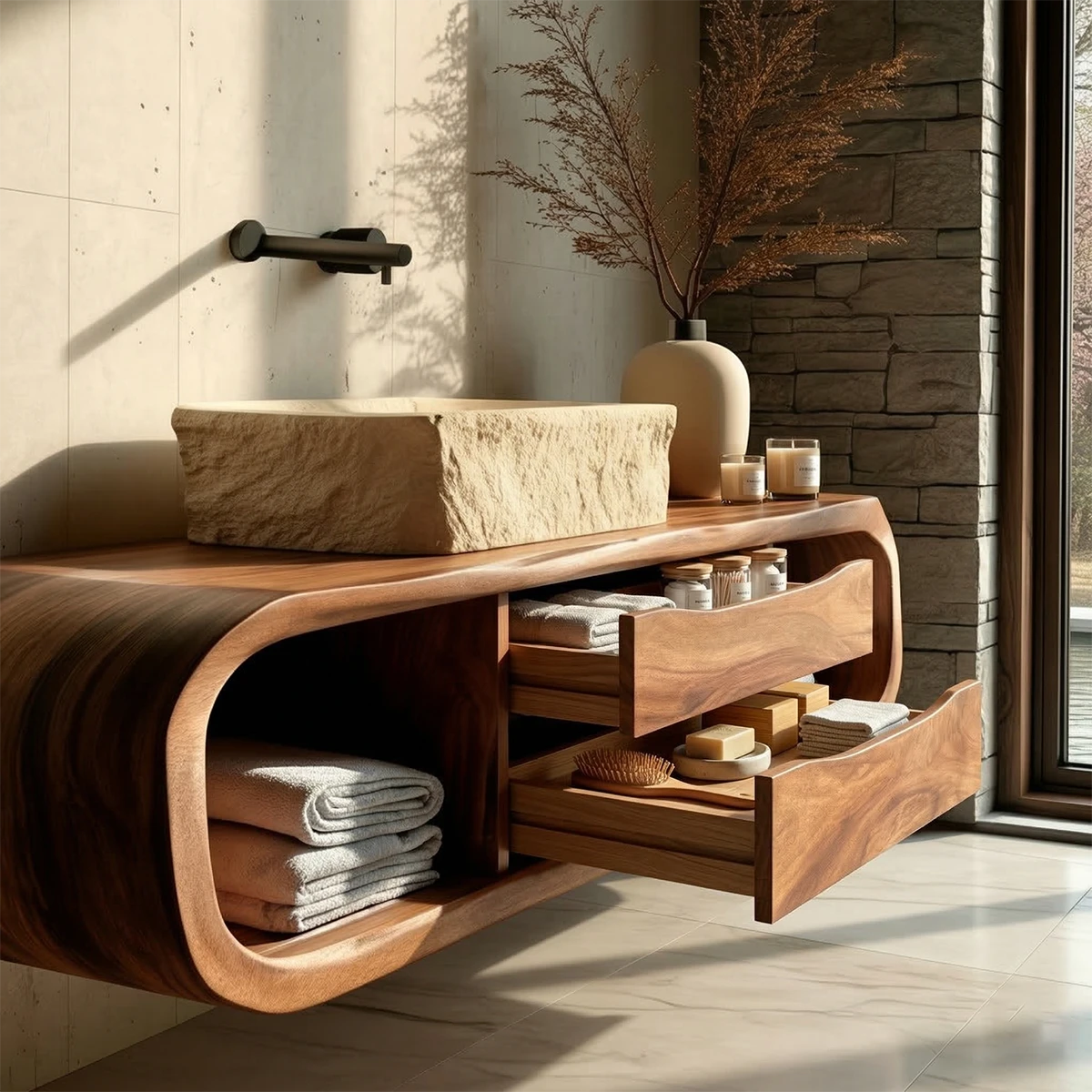 Solid walnut floating bathroom vanity with curved body