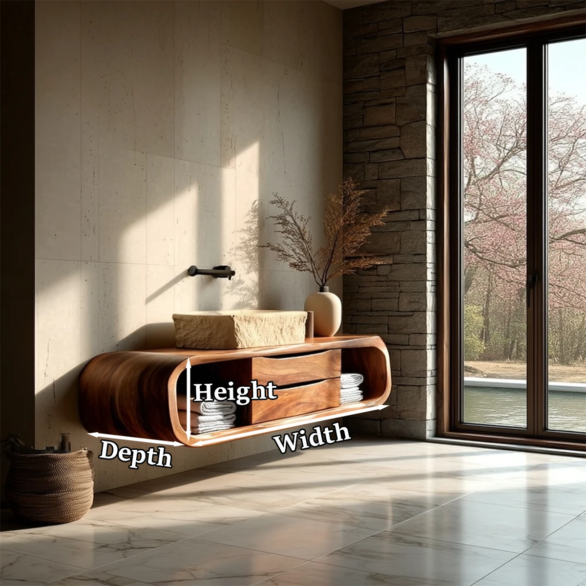Designer walnut floating bathroom vanity with curved frame