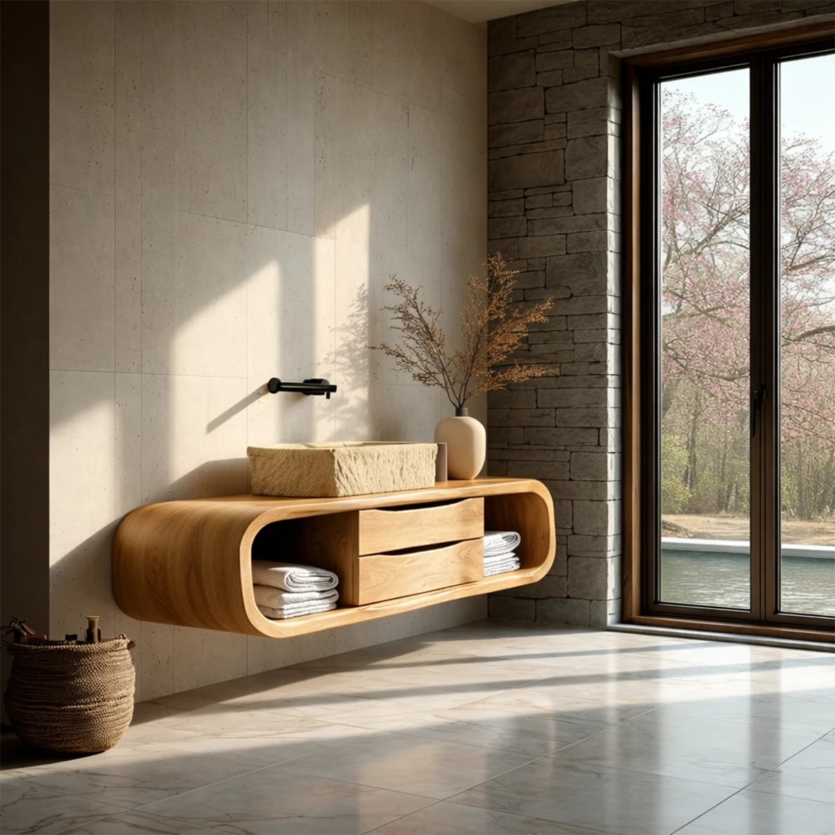 Wall mounted walnut floating bathroom vanity with drawer