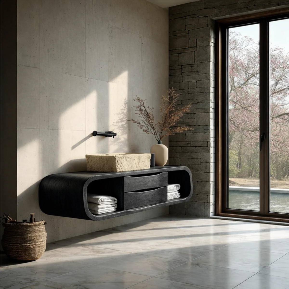 Sculptural walnut floating bathroom vanity with stone basin