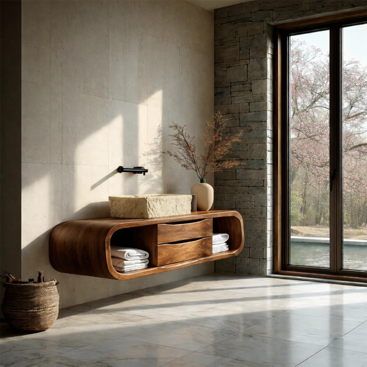 Contemporary walnut floating bathroom vanity design