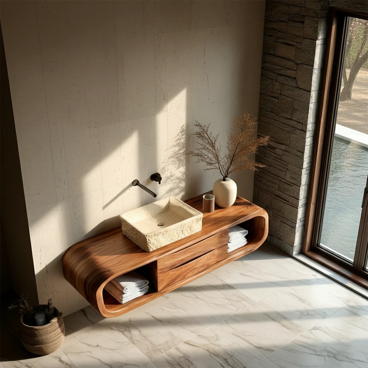 Organic style walnut floating bathroom vanity