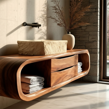 Minimalist walnut floating bathroom vanity wall mounted