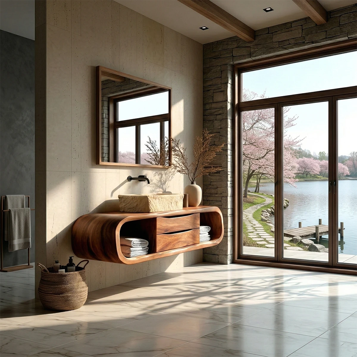 Modern walnut floating bathroom vanity with stone sink