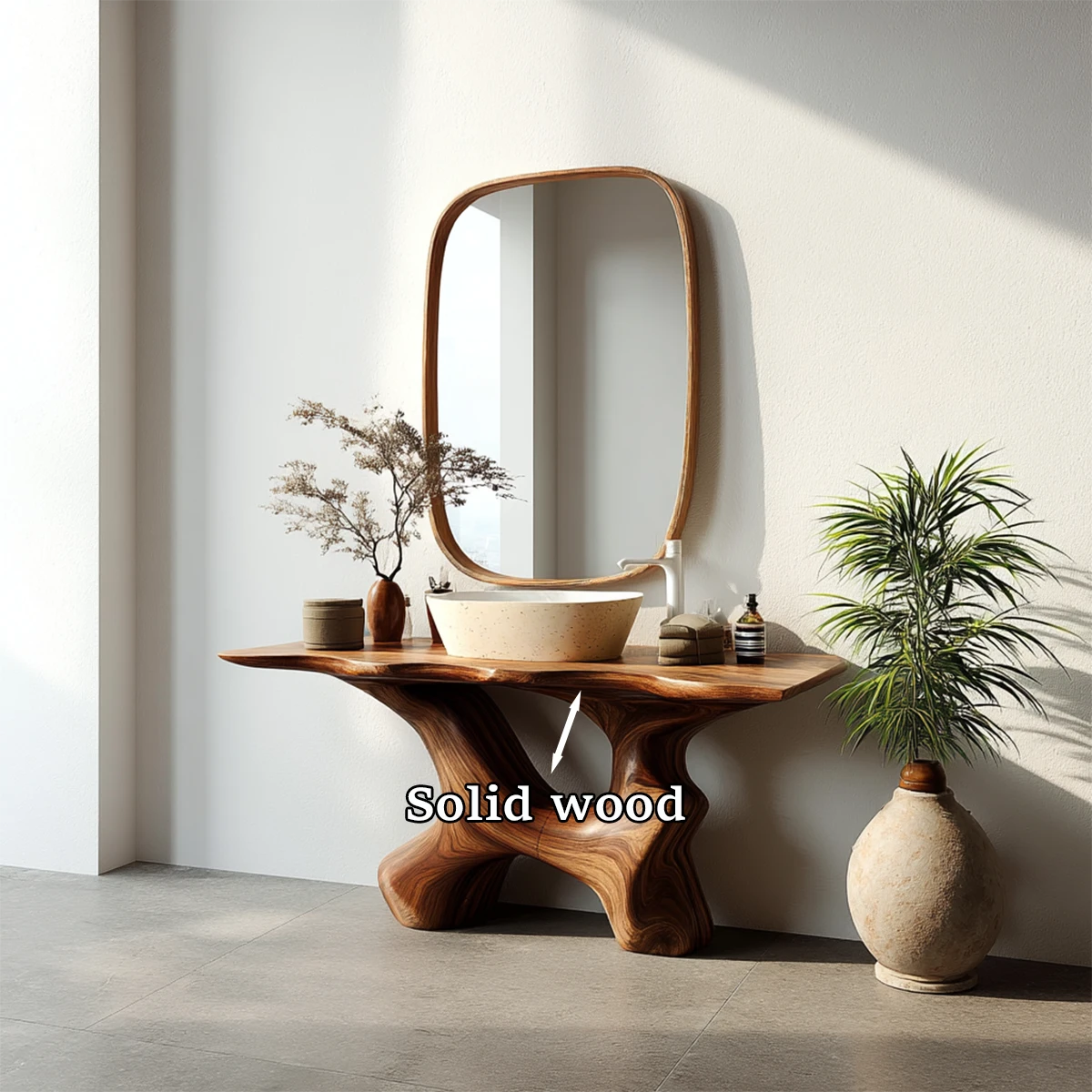 Designer walnut vanity with sculpted wood base