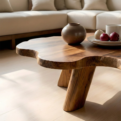 Sculptural walnut table with artisan wood base