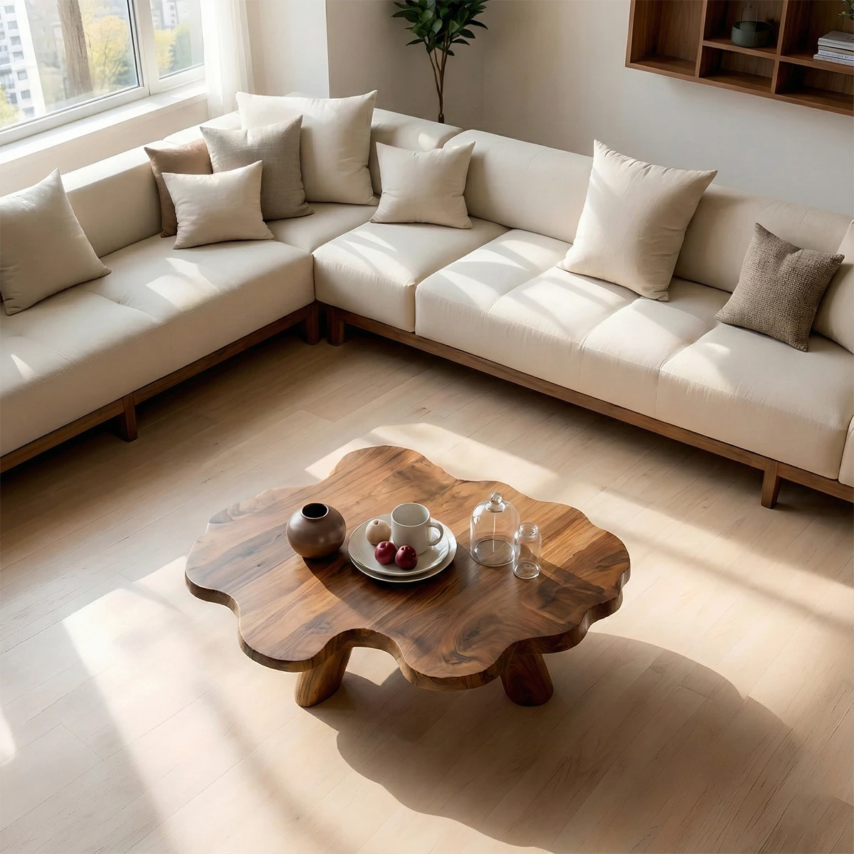 Walnut coffee table with raw live edge design
