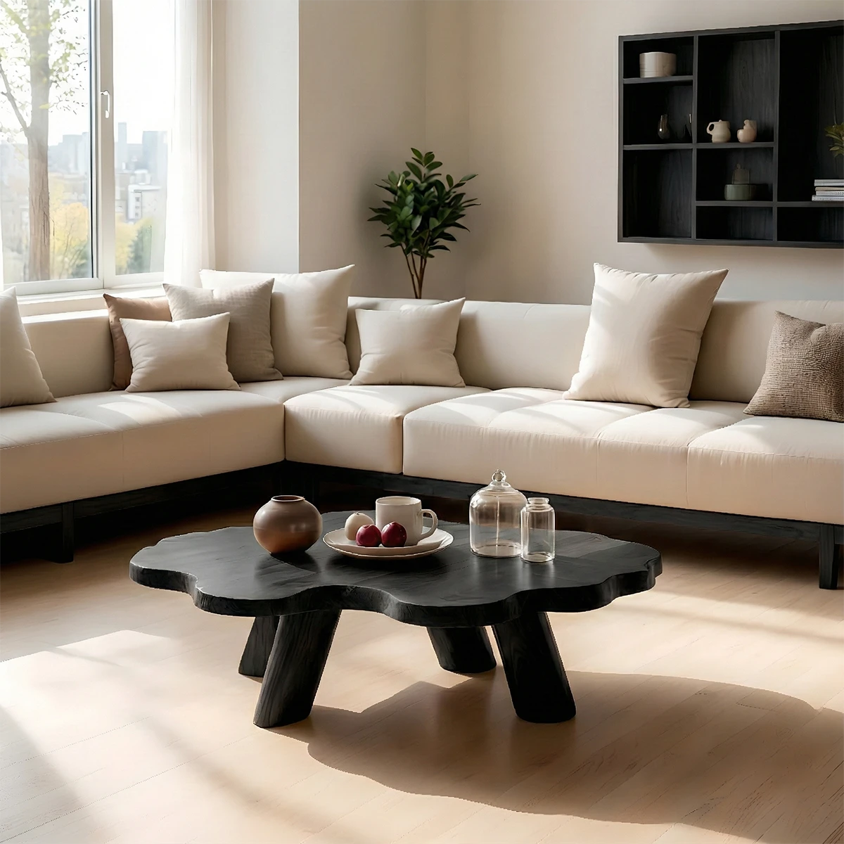 Walnut wood table with sculpted base structure