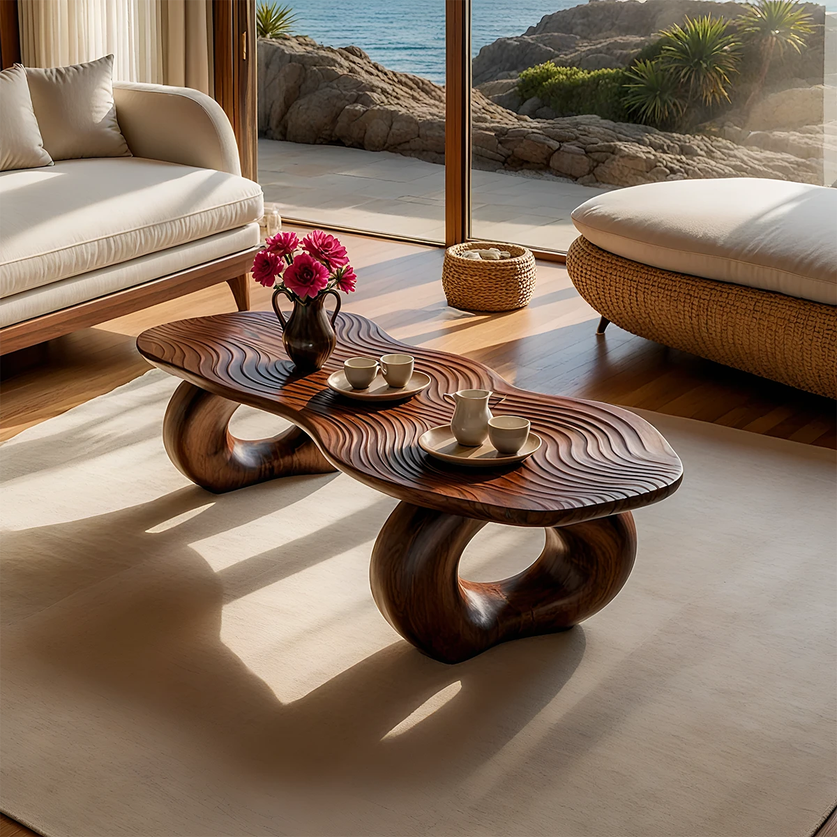Organic wave coffee table with sculpted base and textured top for modern living room styling