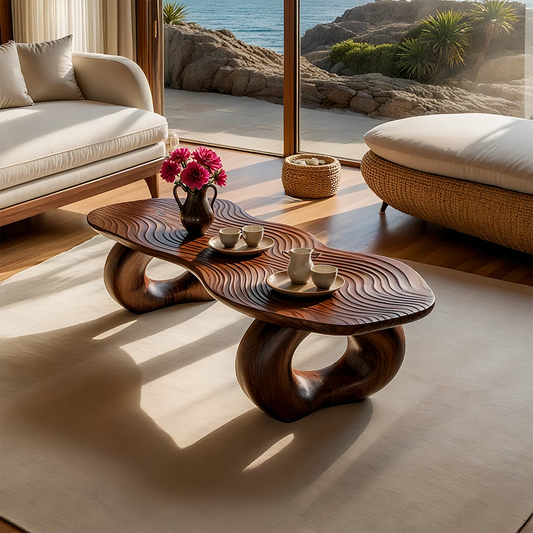 Organic wave coffee table with sculpted base and textured top for modern living room styling