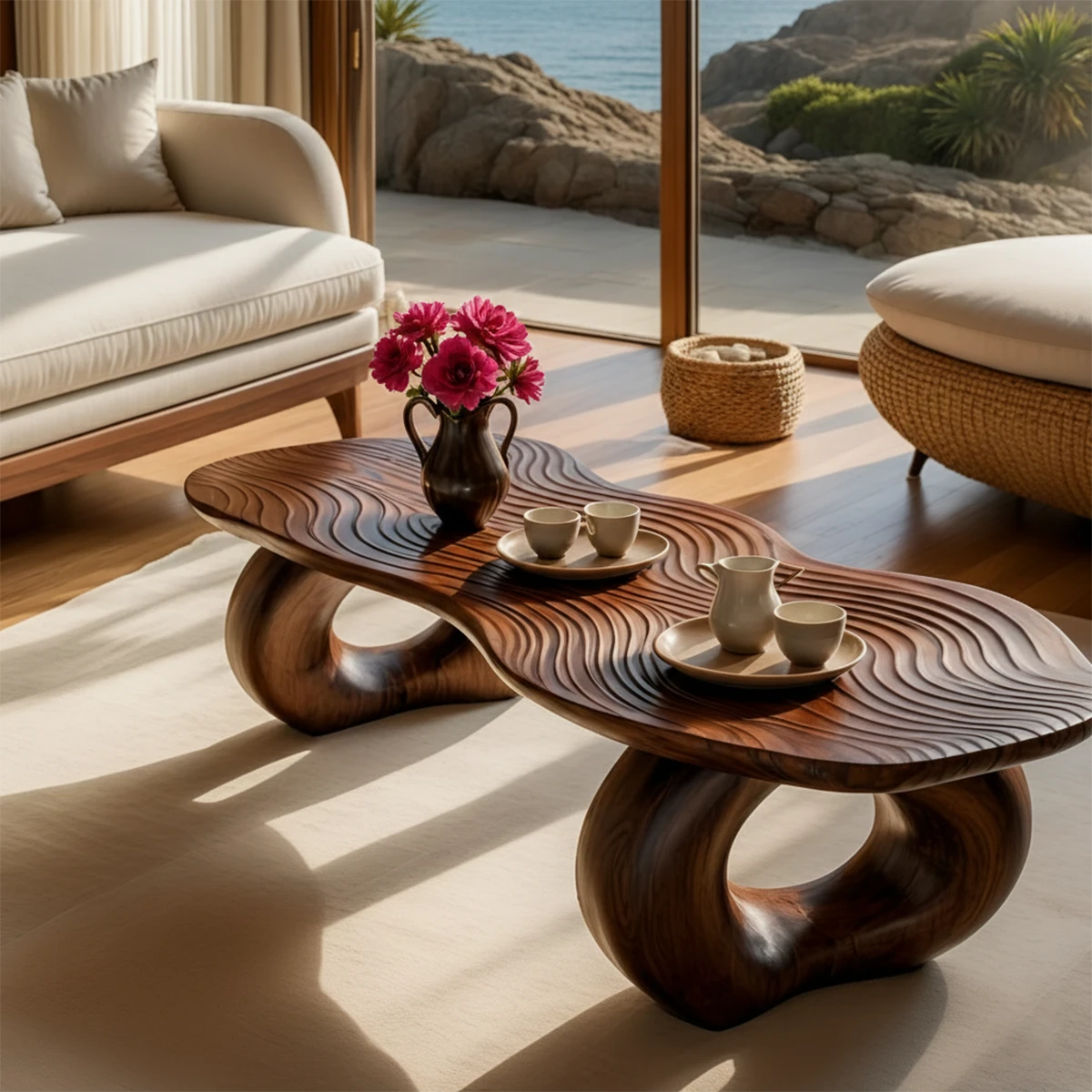 Modern coffee table with textured top design and artistic curved base for stylish interiors
