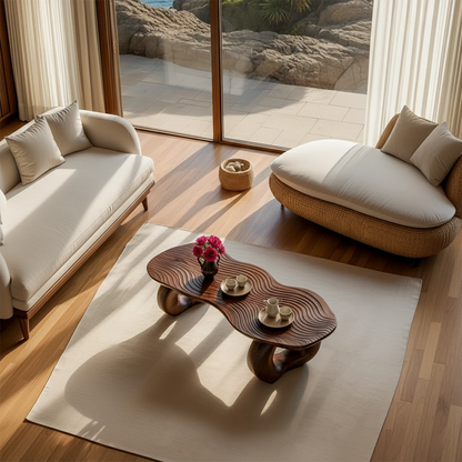 Unique low coffee table with wave-inspired top and sculptural base for relaxed living rooms