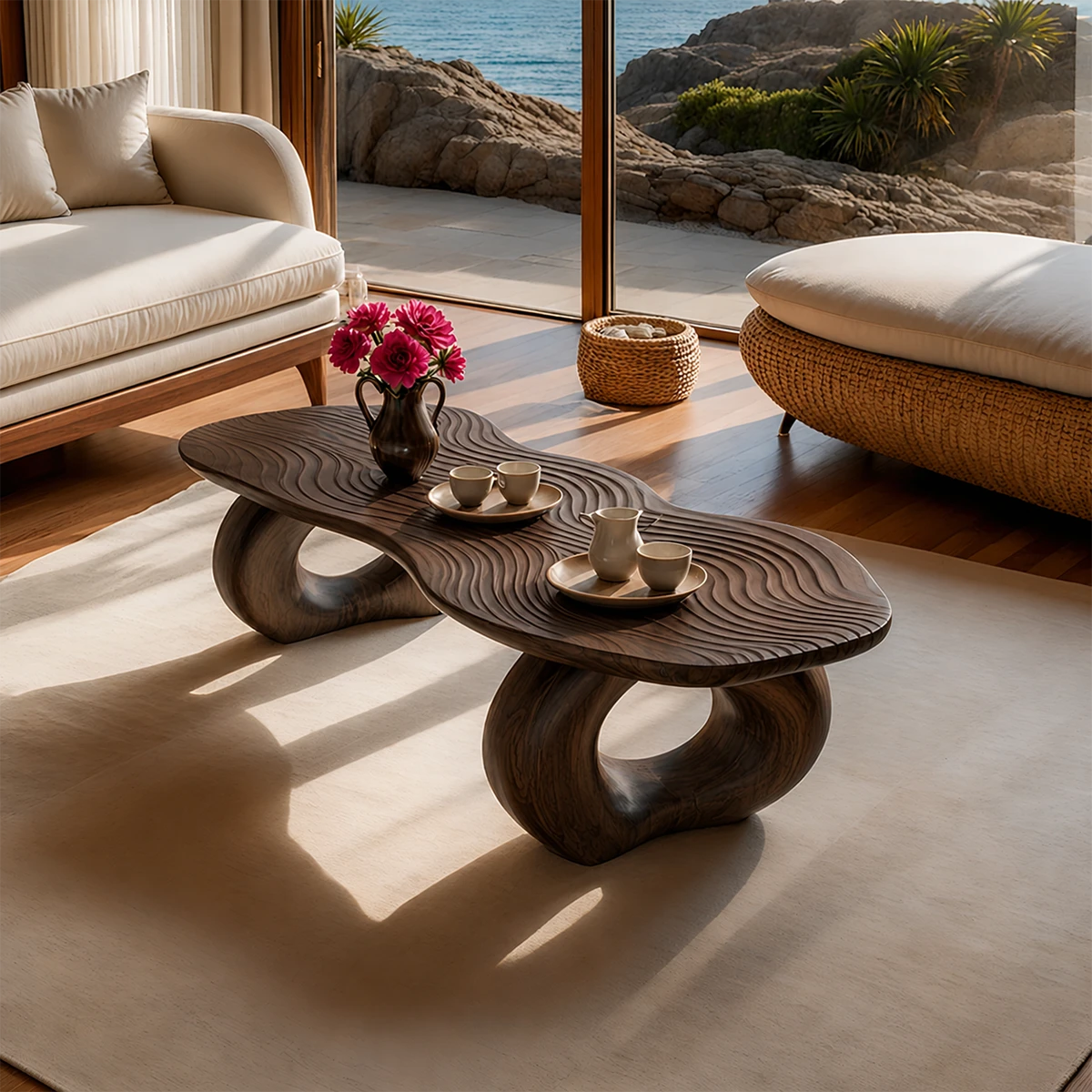 Contemporary coffee table with flowing surface pattern and bold curved support structure
