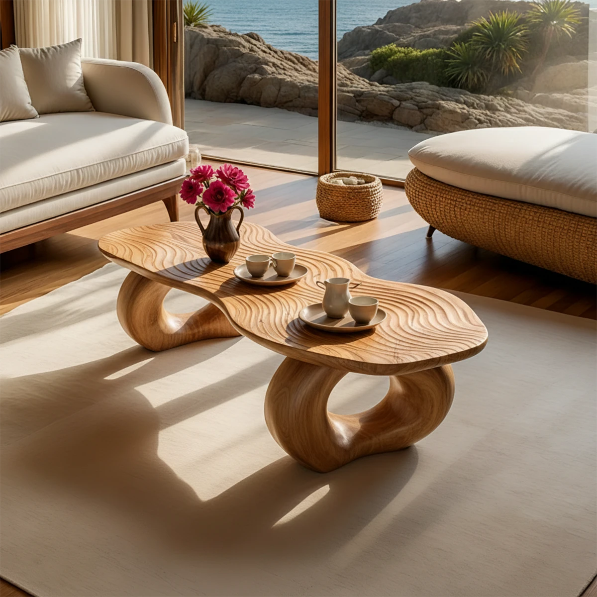 Artistic coffee table with ripple texture top and organic base for modern home decor