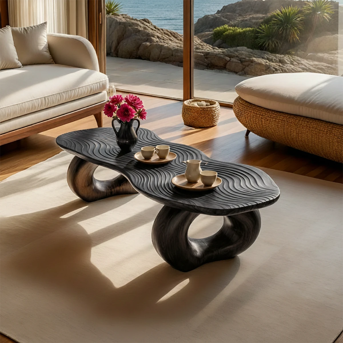 Living room coffee table with sculpted wave top and smooth curved legs for modern interiors