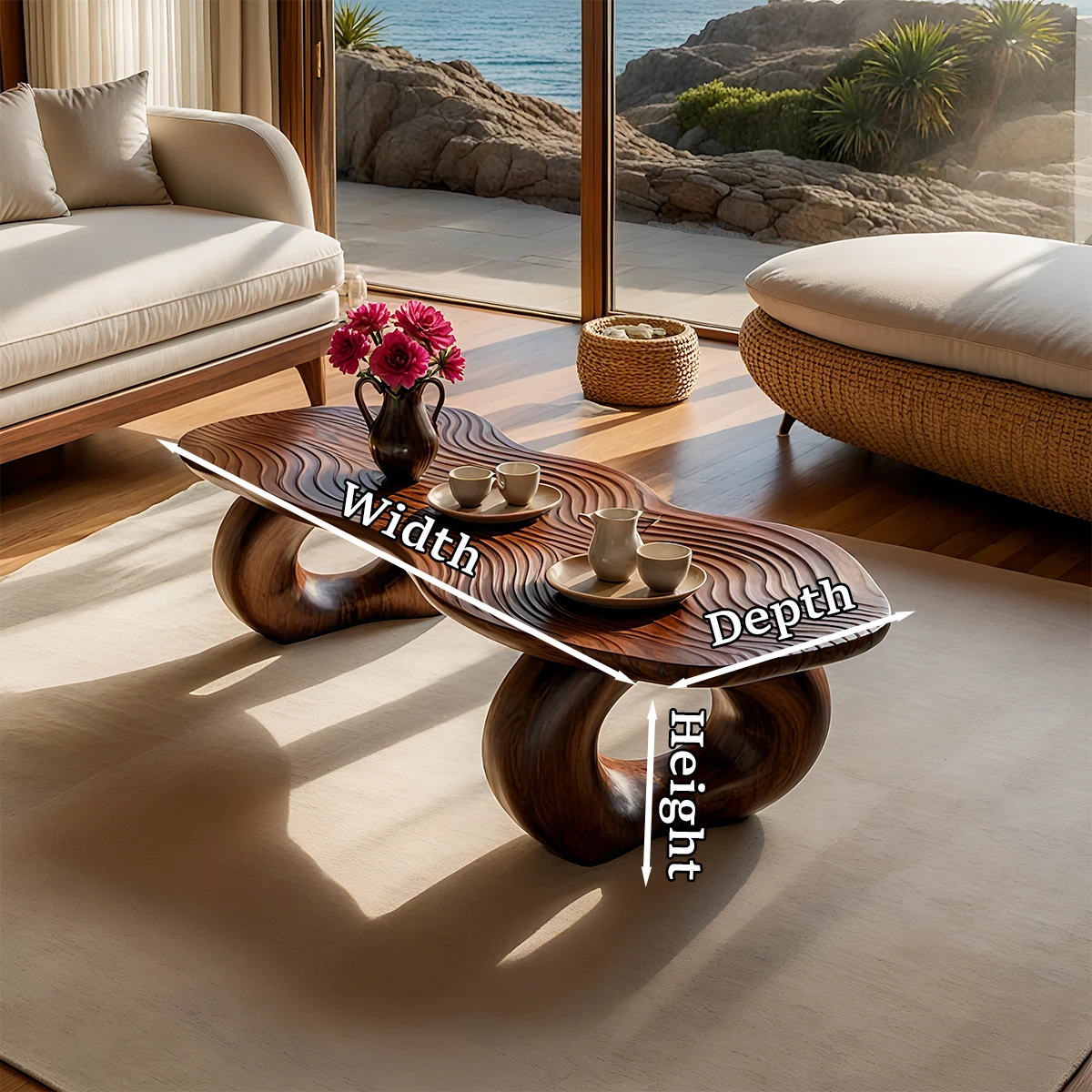 Minimalist coffee table with textured top detail and flowing base for contemporary living space